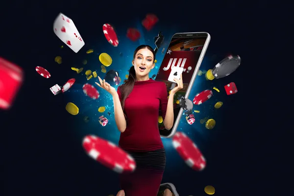 A young woman relaxing with her phone while dynamic casino elements float around her, illustrating the smooth mobile experience offered by the KRIKYY app.