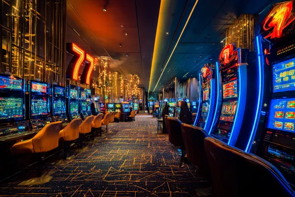 A stylish woman beside vibrant slot machines displaying glowing sevens, showcasing the variety of top slots at KRIKYY.